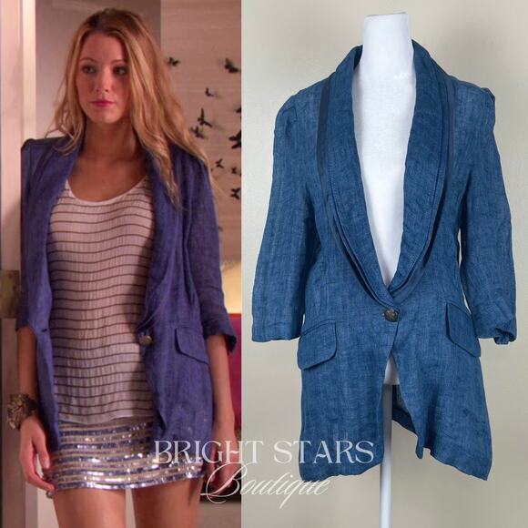 Rare Blue Linen Blazer Jacket ASO Serena Van Der Woodsen Gossip Girl Y2K - Picture 1 of 10